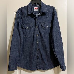 Wrangler Vintage Men’s Blue Denim Western Shirt Pearl Snap Buttons Cowboy Large